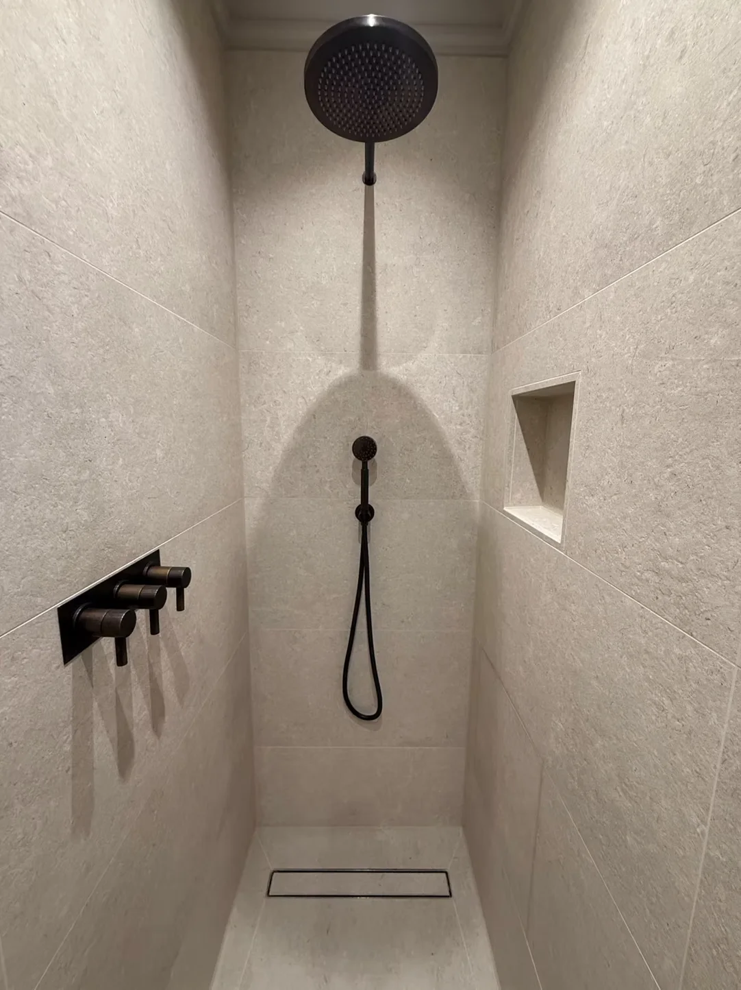 Large format tiled walk-in shower, South Kensington